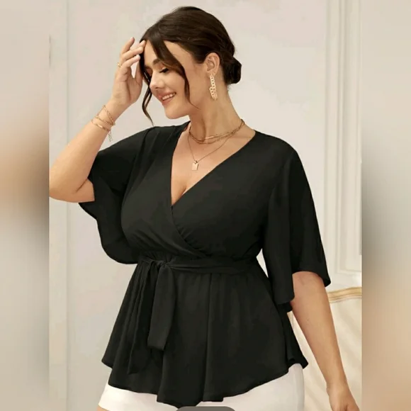 NEW! Surplice wrap front, Belted,Ruffled Peplum hem Blouses - Picture 3 of 4